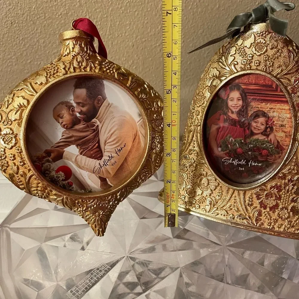 Sheffield Home Ornate Gold Ornament and Bell Shaped Picture Frames Velvet Bows